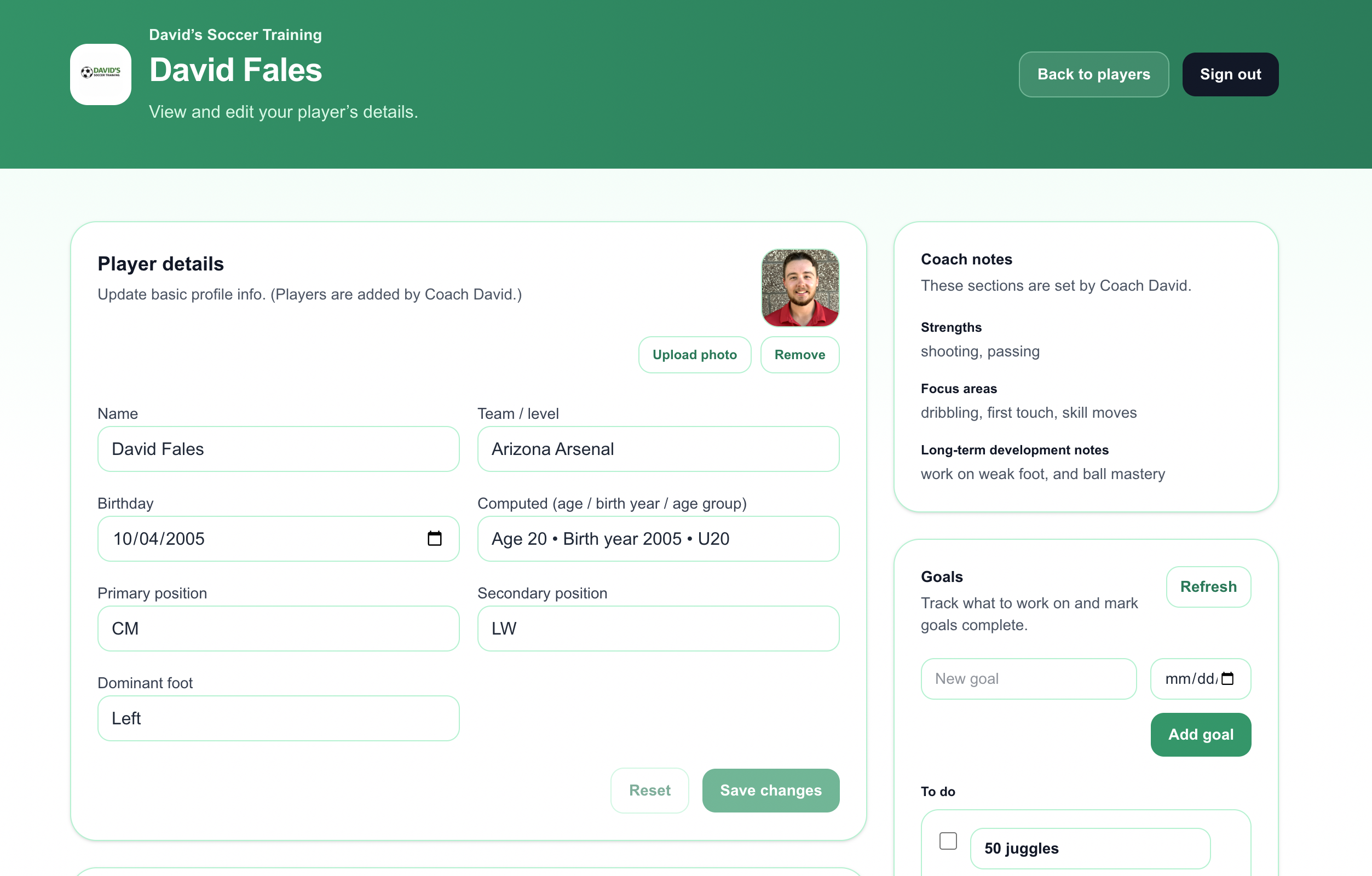 Player Dashboard - Player Info screen